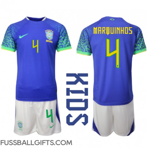 Brasilien Marquinhos #4 Fußballbekleidung Auswärtstrikot Kinder WM 2022 Kurzarm (+ kurze hosen)